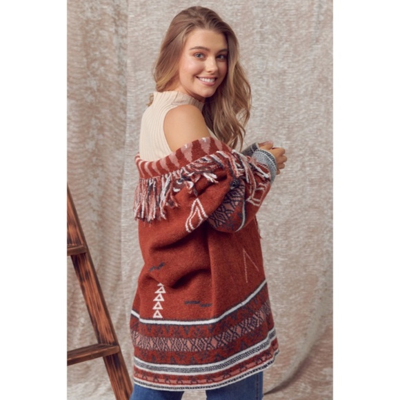 SOLD OUT Cowichan Boho Aztec Native Fringe Print Soft Knit Cardigan Sweater - Picture 7 of 9